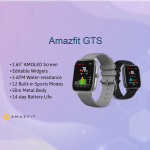 Amazfit GTS smartwatch with grey strap and features listed
