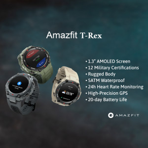 Three Amazfit T-Rex smartwatches in different colors against a dark blue background.