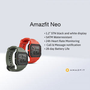Two Amazfit Neo smartwatches, one red and one olive green, displayed against a light gray background.