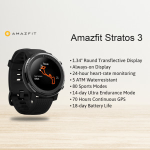 Amazfit Stratos 3 smartwatch with a round display and black band
