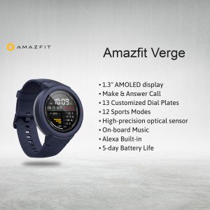 Close-up of the Amazfit Verge smartwatch with key features listed.