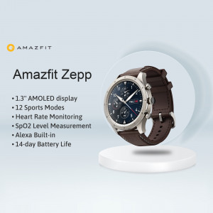 Amazfit Zepp smartwatch with brown leather strap on a white pedestal