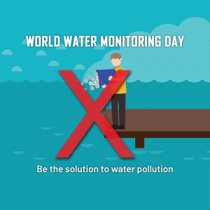 Illustration depicting a person monitoring water quality with a red 'X' over the scene, symbolizing pollution.