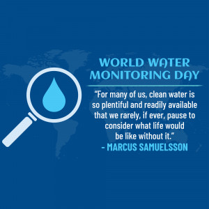 Image promoting World Water Monitoring Day with a magnifying glass over a water droplet and a quote.