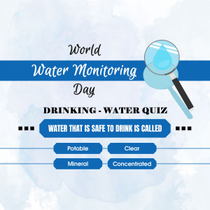 Image promoting World Water Monitoring Day with a quiz question about safe drinking water.