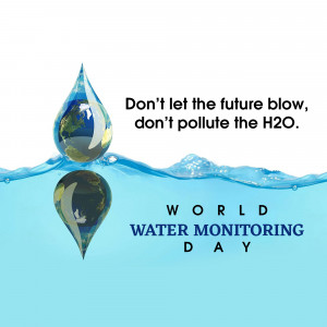 A water droplet containing a reflection of the Earth, promoting water conservation and World Water Monitoring Day.