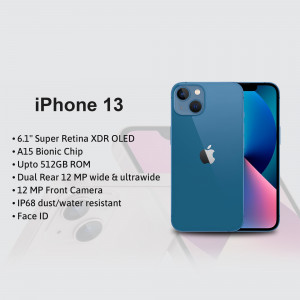iPhone 13 in blue color with key specifications listed