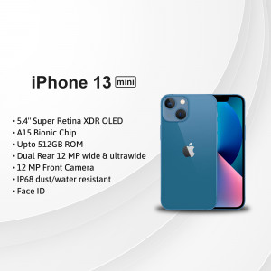 Image of a blue iPhone 13 mini with specifications listed.