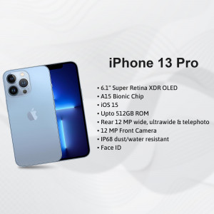 Image of a blue iPhone 13 Pro with key features listed