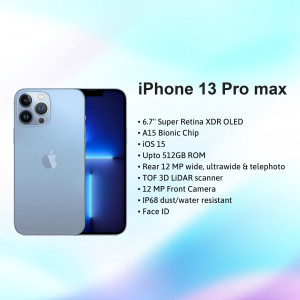Image of the iPhone 13 Pro Max in Sierra Blue with key features listed.