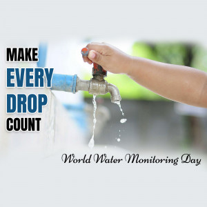 A hand turning a blue water tap with water flowing out, promoting water conservation.