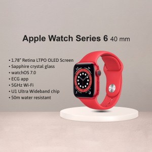 Red Apple Watch Series 6 40mm with red sport band on a white platform