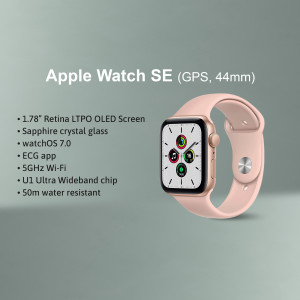 Pink Apple Watch SE (GPS, 44mm) with key features listed