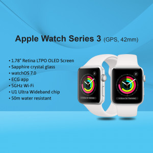 Apple Watch Series 3 (GPS, 42mm) with white band on a blue gradient background