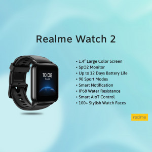 Close-up of a black Realme Watch 2 with key features listed.