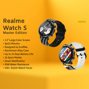 Realme Watch S Master Edition in Black and White on a Yellow Background