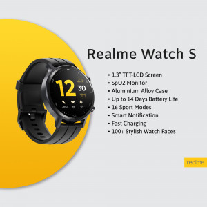 Close-up of a black Realme Watch S smartwatch on a yellow background.