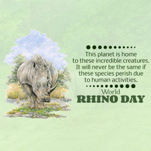 Illustration of a rhinoceros with text promoting World Rhino Day and conservation.
