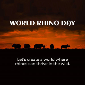Silhouette of rhinos against a vibrant sunset sky for World Rhino Day.