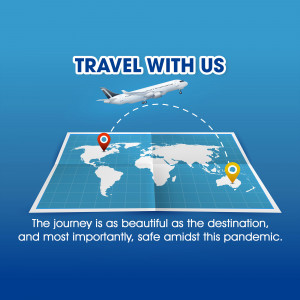 Image of a plane flying over a world map with a travel promotion message.