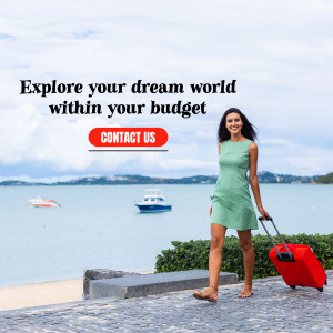 Woman with suitcase walking on a beach, travel advertisement