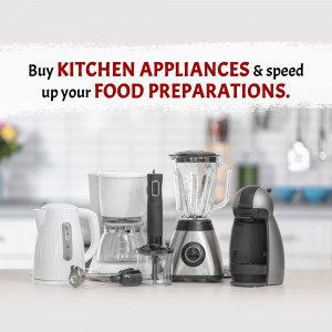 Various kitchen appliances including a blender, coffee maker, kettle, and food chopper on a kitchen counter.