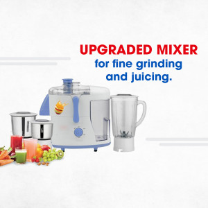 White and blue mixer grinder with fruits and vegetables