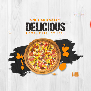 A promotional image featuring a delicious-looking pizza with the text 'Spicy and Salty Delicious'.