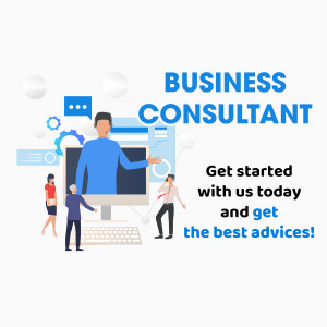 Illustration of a business consultant presenting to colleagues on a laptop.