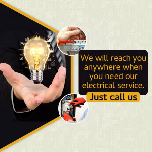 Hand holding a lightbulb with electrical work in the background, promoting electrical services.