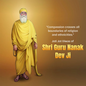 Portrait of Guru Nanak Dev Ji with a quote about compassion