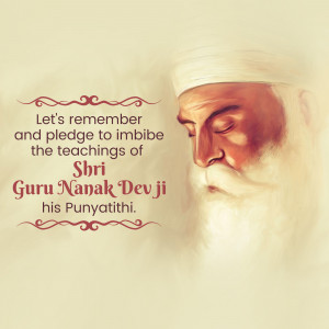 Portrait of Guru Nanak Dev Ji with a quote about remembering his teachings