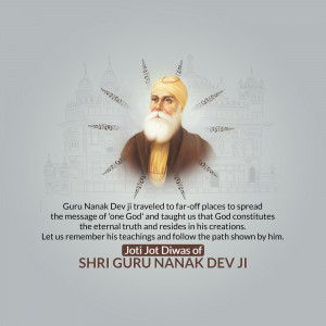 Portrait of Guru Nanak Dev Ji with text about his teachings