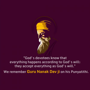 Portrait of Guru Nanak Dev Ji with a quote about God's will