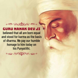 Portrait of Guru Nanak Dev Ji with text about equality and karma