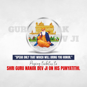 Image of Guru Nanak Dev Ji with the Golden Temple in the background, commemorating Punyatithi.