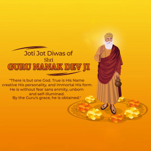 Image depicting Guru Nanak Dev Ji with text celebrating Joti Jot Diwas.