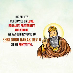 Illustration of Guru Nanak Dev Ji with text commemorating his Punyathithi