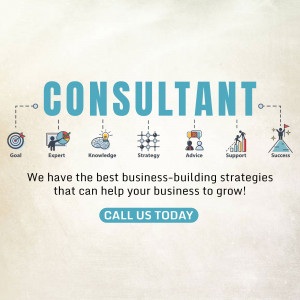 Image depicting business consulting with icons representing goal setting, expertise, knowledge, strategy, advice, support, and success.