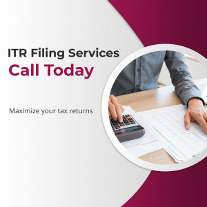 Image promoting ITR filing services with a person working on taxes.