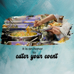 Buffet spread with a hand taking food, advertising catering services.