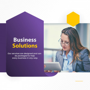 Woman using a tablet with 'Business Solutions' text overlay