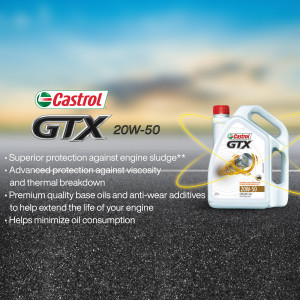 Castrol GTX 20W-50 motor oil bottle on a road surface