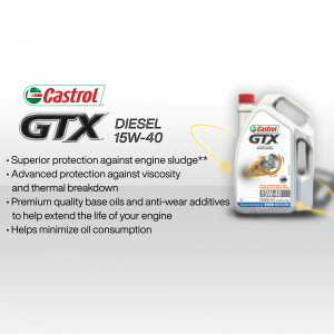 Castrol GTX Diesel 15W-40 engine oil bottle with product features listed.