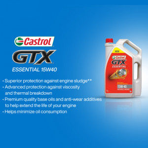 Castrol GTX Essential 15W-40 motor oil bottle on a blue background with product features listed.