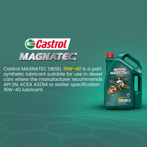 Castrol MAGNATEC Diesel 15W-40 engine oil bottle on a teal background with the Castrol logo.