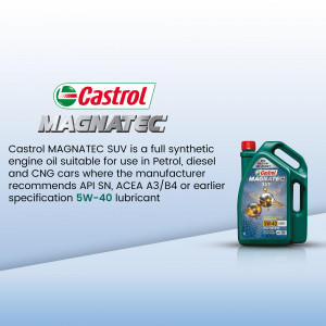Castrol MAGNATEC SUV 5W-40 full synthetic engine oil in a green and black container.
