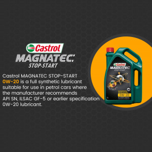 Castrol MAGNATEC Stop-Start 0W-20 full synthetic lubricant in a green and black bottle.