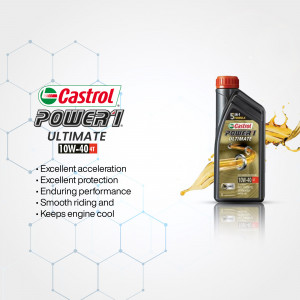 Castrol Power 1 Ultimate 10W-40 motor oil bottle with hexagonal background.