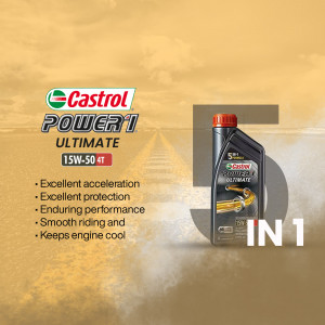 Castrol Power 1 Ultimate 15W-50 4T engine oil bottle with road background and product features.